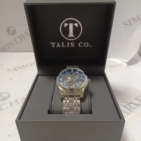 MEN’S TALIS CO 7820 AUTOMATIC WATCH – BLUE SKELETON DIAL AND CASE – STAINLESS STEEL STRAP – GLASS BACKCASE