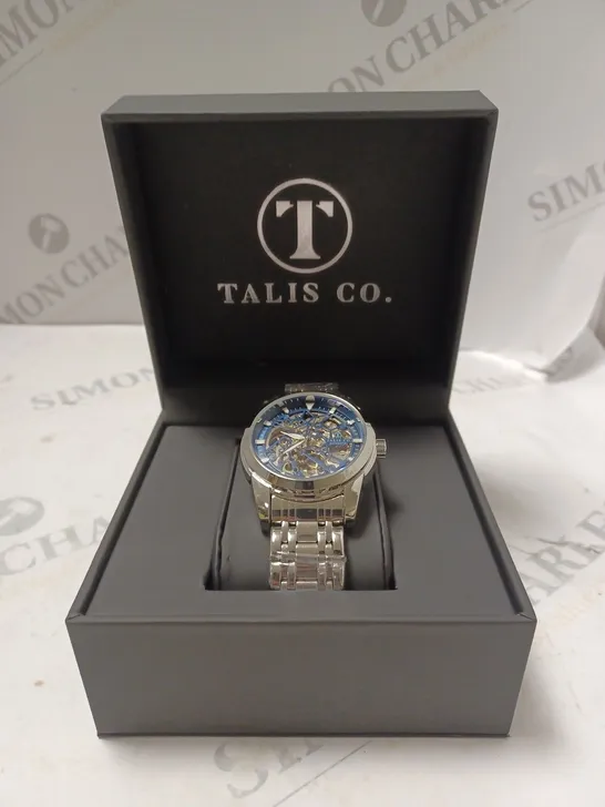 MEN’S TALIS CO 7820 AUTOMATIC WATCH – BLUE SKELETON DIAL AND CASE – STAINLESS STEEL STRAP – GLASS BACKCASE