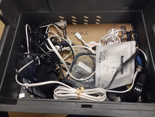 CRATE OF ASSORTED TECH ITEMS TO INCLUDE WIRELESS RECEIVER AND VARIOUS REMOTES AND CABLES