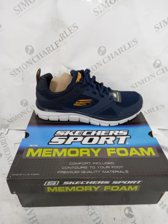 BOXED PAIR OF SKETCHERS TRACK TRAINER IN BLUE/WHITE SIZE 10 