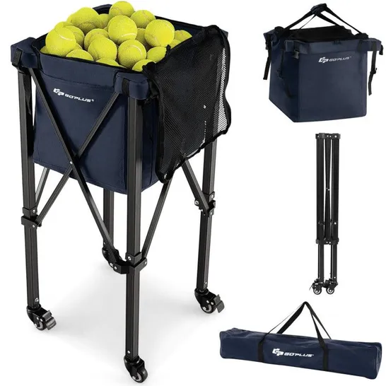 BOXED COSTWAY LIGHTWEIGHT FOLDABLE TENNIS BALL TEACHING CART WITH WHEELS & REMOVABLE BAG, BLUE