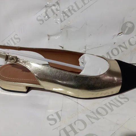 BOXED PAIR OF ME+EM FAUX LEATHER METALLIC SLINGBACK SHOES IN GOLD/BLACK EU SIZE 39