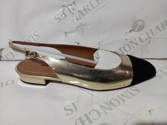 BOXED PAIR OF ME+EM FAUX LEATHER METALLIC SLINGBACK SHOES IN GOLD/BLACK EU SIZE 39