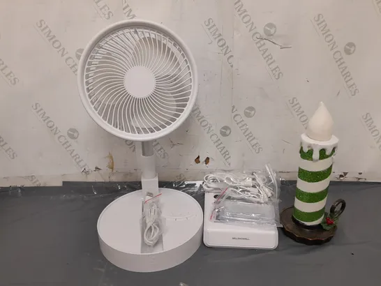 APPRXIMATELY 14 ASSORTED ITEMS TO INCLUDE FOLDABLE FAN, USB POWER STATION, DECOR FAUX CANDLE LIGHT, ETC - COLLECTION ONLY