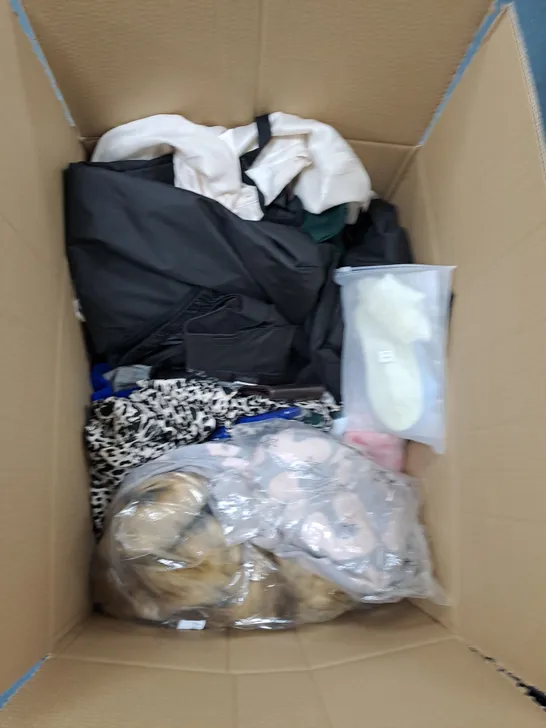 BOX OF ASSORTED CLOTHING ITEMS TO INCLUDE SOCKS, THERMALS, CROP TOPS ETC 