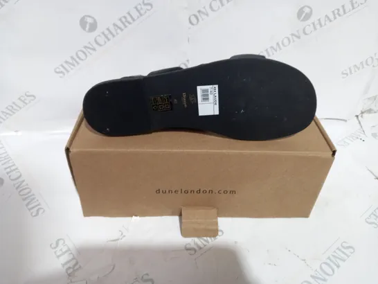 BOXED DUNE BLACK LEATHER COMFORT FLAT SANDALS SIZE 7