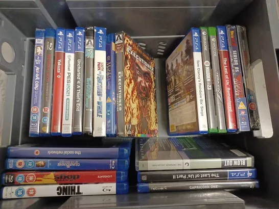 BOX OF APPROX 25 ASSORTED GAMES AND DVDS FOR PS4/XBOX ONE AND BLU RAY