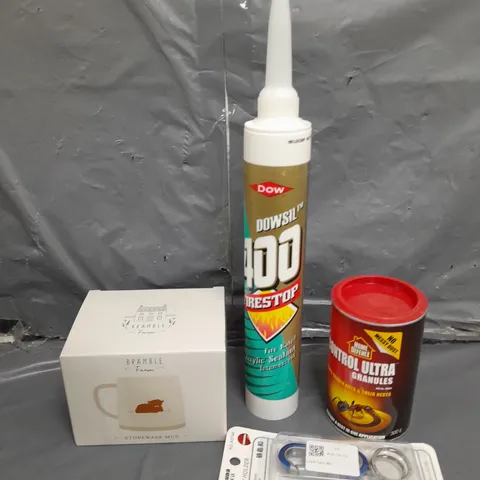 LOT CONTAINING VARIOUS HOUSEHOLD ITEMS TO INCLUDE; SEALANT , MUGS , ANT CONTROL , ETC 