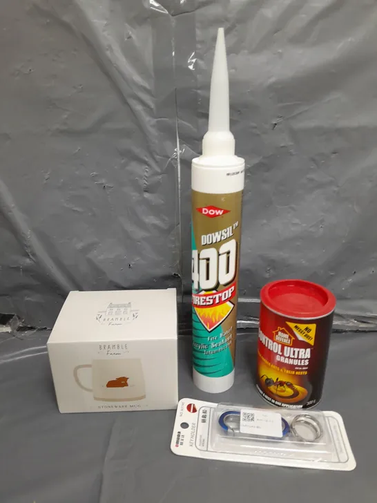 LOT CONTAINING VARIOUS HOUSEHOLD ITEMS TO INCLUDE; SEALANT , MUGS , ANT CONTROL , ETC 