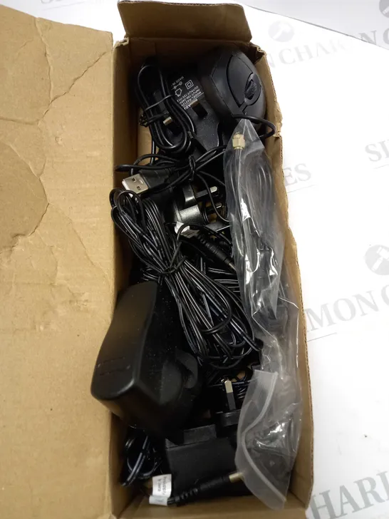 BOX OF AC ADAPTERS AND COMPUTER MOUSE