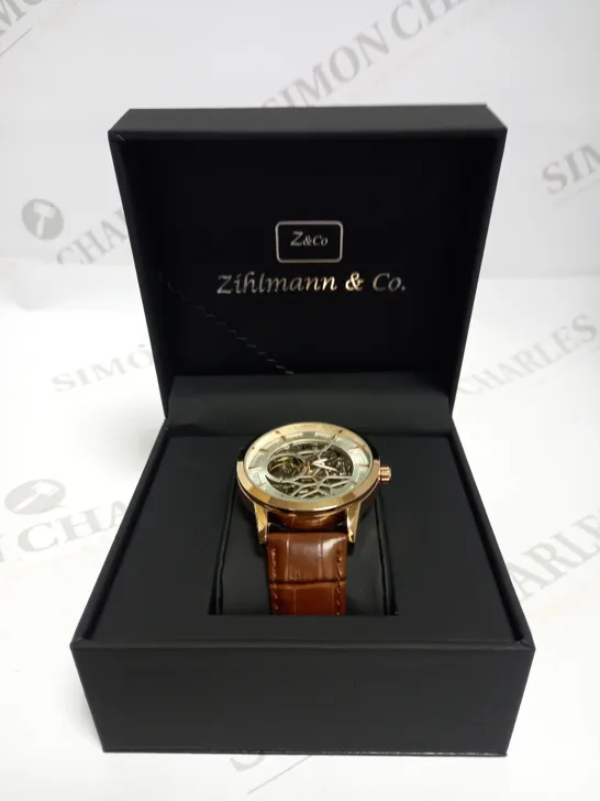 MENS ZIHLMANN & CO AUTOMATIC WATCH - Z210 – SKELETON DIAL – GOLD COLOUR CASE – GENUINE LEATHER – HAND ASSEMBLED 