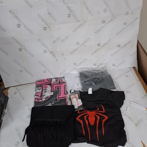 BOX OF ASSORTED CLOTHING TO INCLUDE ACCESSORIES, T-SHIRTS, PANTS ETC 