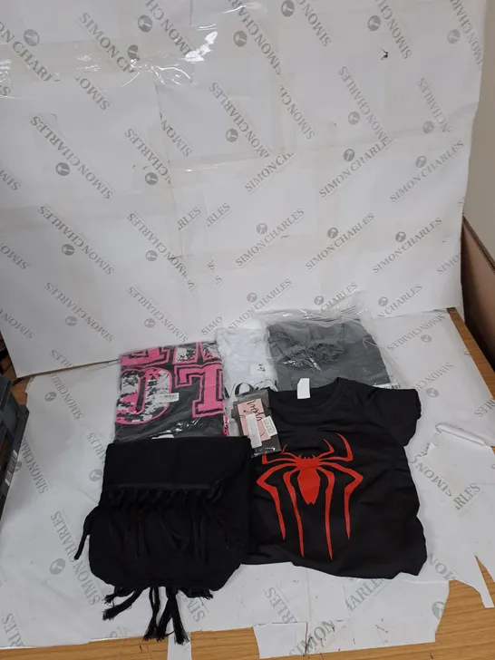 BOX OF ASSORTED CLOTHING TO INCLUDE ACCESSORIES, T-SHIRTS, PANTS ETC 