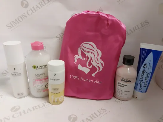 BOX OF APPROX 20 COSMETIC ITEMS TO INCLUDE GARNIER MICELLAR MILKY CLEANSING WATER, FRESH BODY MILK AND HAIR EXTENSIONS