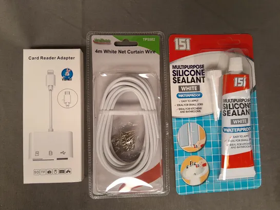 APPROXIMATELY 10 ASSORTED HOUSEHOLD ITEMS TO INCLUDE CARD READER ADAPTER, NET CURTAIN WIRE, SILICONE SEALANT, ETC