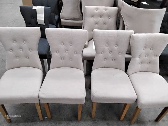 6 DESIGNER CREAM FABRIC CHAIRS WITH BUTTONED BACK, WOODEN LEGS  LEGS