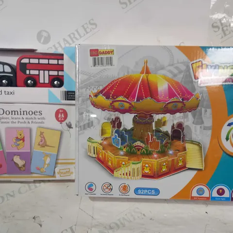 BOX OF APPROXIMATELY 20 ASSORTED TOYS AND GAMES TO INCLUDE FLYING SWING AMUSEMENT PARK SERIES, JOHN LEWIS WOODEN BUS & TAXI, DISNEY WINNIE THE POOH DOMINOES, ETC