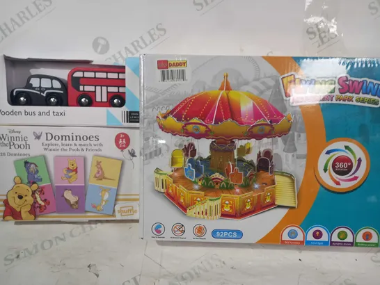 BOX OF APPROXIMATELY 20 ASSORTED TOYS AND GAMES TO INCLUDE FLYING SWING AMUSEMENT PARK SERIES, JOHN LEWIS WOODEN BUS & TAXI, DISNEY WINNIE THE POOH DOMINOES, ETC