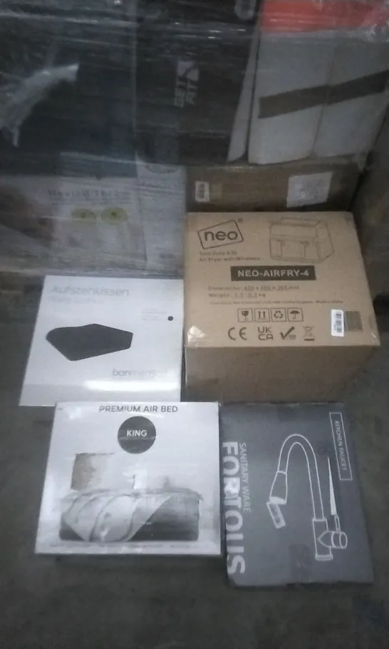 PALLET OF ASSORTED ITEMS INCLUDING NEO TWINZONE 8.5L AIR FRYER, AUFSTEHKISSEN RISING CUSHION , PREMIUM KINGSIZE AIR MATTRESS AND KITCHEN SINK