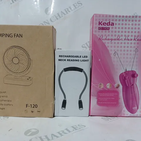 BOX OF APPROXIMATELY 5 ASSORTED HOUSEHOLD ITEMS TO INCLUDE KEDA KD-192R RECHARGEABLE HAIR REMOVER, RECHARGEABLE LED NECK READING LIGHT, CAMPING FAN, ETC