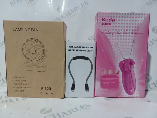 BOX OF APPROXIMATELY 5 ASSORTED HOUSEHOLD ITEMS TO INCLUDE KEDA KD-192R RECHARGEABLE HAIR REMOVER, RECHARGEABLE LED NECK READING LIGHT, CAMPING FAN, ETC