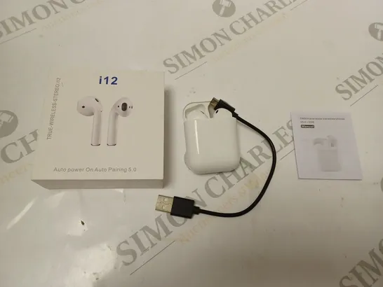 BOXED I12 TRUE WIRELESS STEREO EAR BUDS WITH CHARGING DOCK, USB CABLE AND INSTRUCTIONS