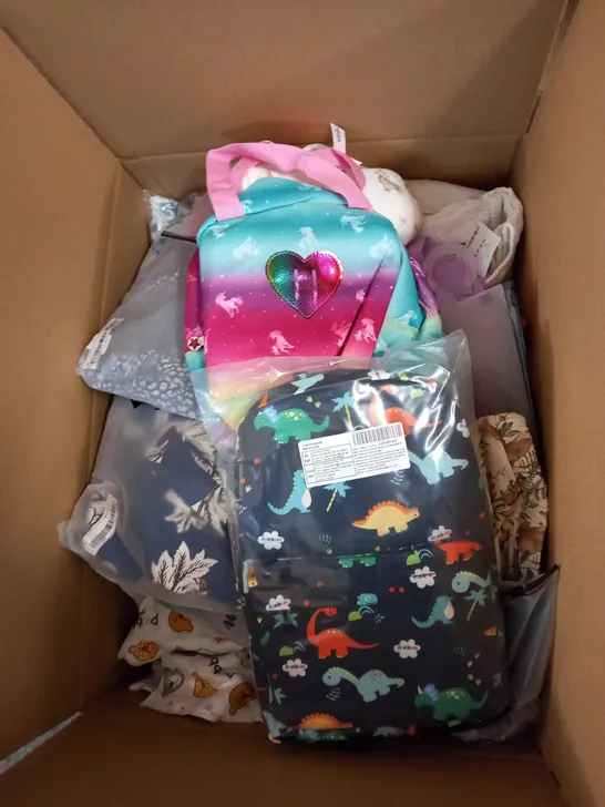 LARGE BOX OF ASSORTED KIDS CLOTHING ITEMS TO INCLUDE BAGS, BABY GROWS AND DRESSES