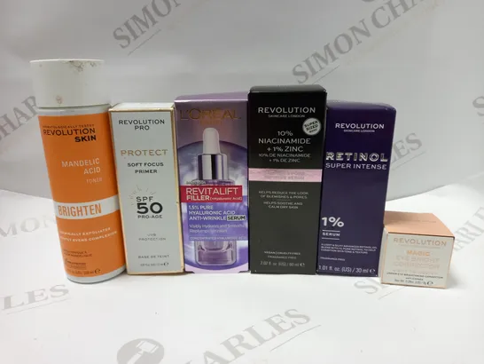 LOT OF APPROX 6 ASSORTED REVOLUTION PRODUCTS TO INCLUDE MANDELIC ACID TONER, SOFT FOCUS PRIMER, EYE BRIGHT CORRECTOTR, ETC