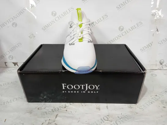 BOXED PAIR OF FOOT JOY HYPER FLEX CARBON GOLF SHOES IN WHITE/LIME/PINK/BLUE UK SIZE 9.5