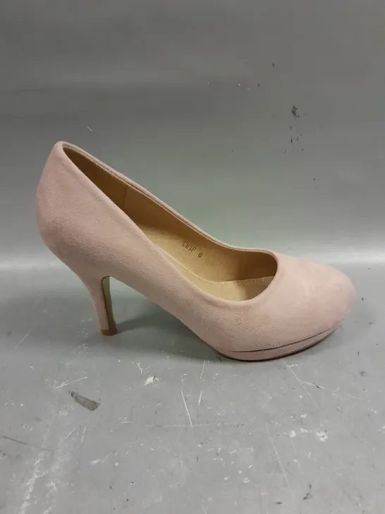 BOXED PAIR OF AJVANI HIGH HEEL PINK SUEDE SHOES - 6