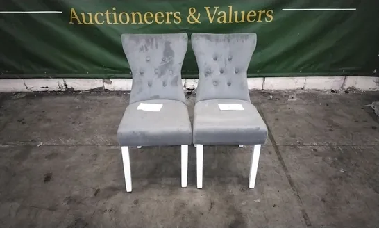 PAIR OF BEWLEY GREY VELVET BUTTON BACK DINING CHAIRS WITH WHITE LEGS