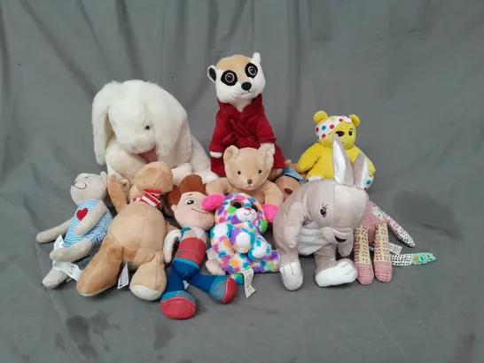 BOX OF ASSORTED PLUSH SOFT TEDDIES TO INCLUDE PAW PATROL, PETER RABBIT AND PUDSEY