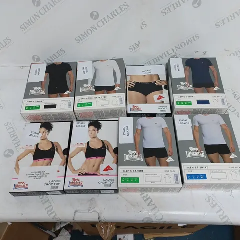 8 BOXED LONSDALE PIECES OF CLOTHING TO INCLUDE MENS TSHIRT, LADIES SHORTS, AND LADYS CROP TOP ETC. 