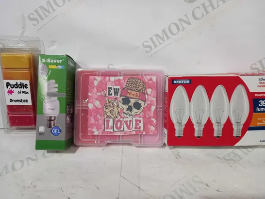 LOT OF APPROXIMATELY 10 ASSORTED HOUSEHOLD ITEMS TO INCLUDE STRATUS TRADITIONAL HEAVY DUTY CANDLE BULBS, EW LOVE SO GLOW SCENTS, E-SAVER COOL WHITE B22 BULB, ETC