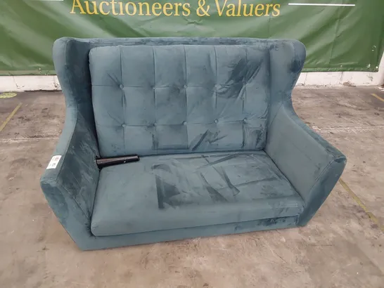 DESIGNER WINGED TWO SEATER SOFA TEAL PLUSH FABRIC 