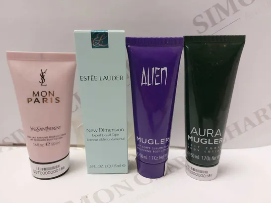 BOX OF APPROX 10 ITEMS TO INCLUDE MUGLER ALIEN BODY LOTION (50ML), ESTEE LAUDER NEW DIMENSION LIQUID TAPE (15ML) AND YVES SAINT LAURENT MON PARIS BODY LOTION (50ML)