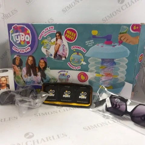 APPROXIMATELY 9 ASSORTED PRODUCTS TO INCLUDE; TYBO TIDY TIE DYE, SUNGLASSES, CREP PROTECT WIPES AND PERSONALISED URN