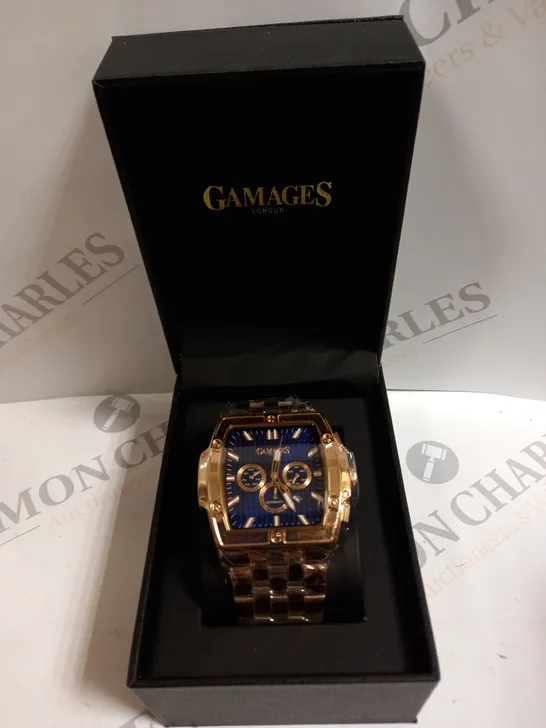 BOXED GAMAGES LONDON MAGNITUDE ROSE GOLD BLUE DIAL STAINLESS STEEL CHAIN LINK STRAP WATCH 