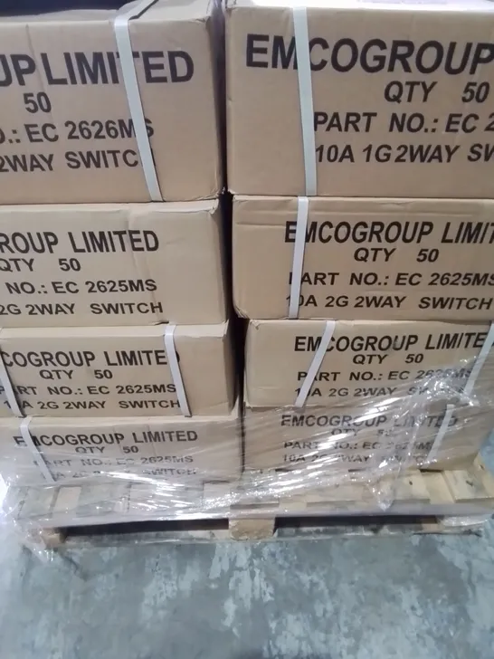 PALLET OF APPROXIMATELY 32 MULTI BOXES OF EMCO 1 GANG 2 WAY 10 AMP SWITCHES & 10A 2G 2 WAY SWITCH - COLLECTION ONLY 