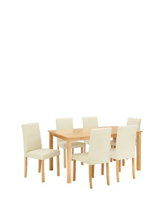 BOXED GRADE 1 NEW PRIMO CREAM/OAK DINING SET OF 150cm TABLE & 6 CHAIRS (3 BOXES)