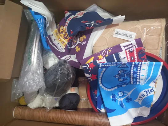 BOX OF APPROXIMATELY 15 ASSORTED HOUSEHOLD ITEMS TO INCLUDE KING CHARLES TEA TOWEL, YARN, GALVANISED LINE WIRE, ETC