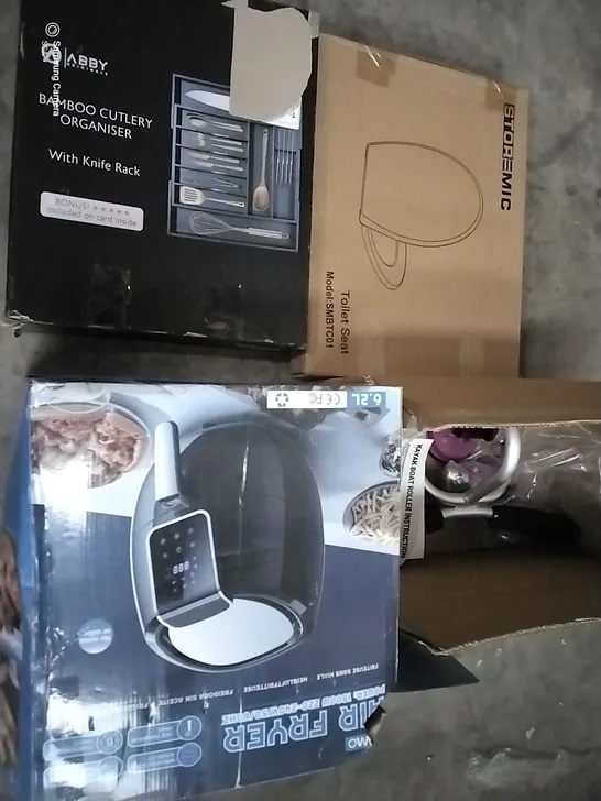 PALLET OF ASSORTED HOUSEHOLD ITEMS TO INCLUDE BAMBOO CUTLERY IRGANISED, AIR FRYER AND BOXED TOILET SEAT