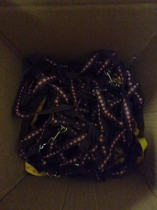 BOX OF ASSORTED ITEMS TOO INCLUDE DOG LEADS AND ARTIFICIAL FLOWERS 