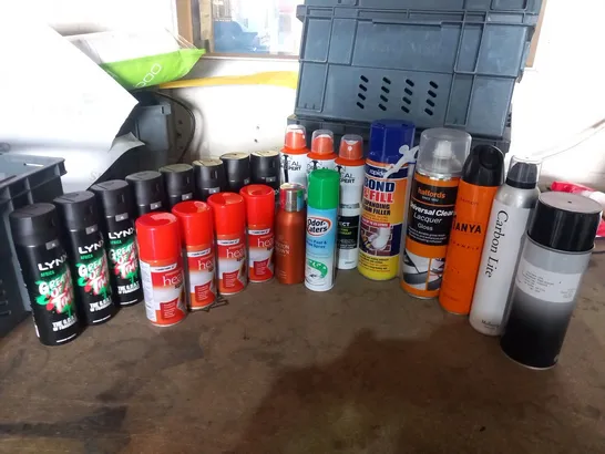 APPROXIMATELY 22 ASSORTED AEROSOL SPRAYS TO INCLUDE; MASTERPLAST, LYNX, LOREAL, HALFORDS AND RAPIDE