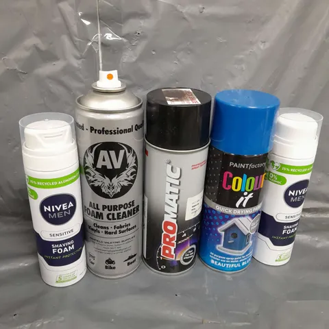 APPROXIMATELY 12 ASSORTED AEROSOLS TO INCLUDE , NIVEA MEN SHAVING FOAM , DRYING PAINT , FOAM CLEANER , ETC 