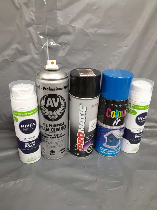 APPROXIMATELY 12 ASSORTED AEROSOLS TO INCLUDE , NIVEA MEN SHAVING FOAM , DRYING PAINT , FOAM CLEANER , ETC 