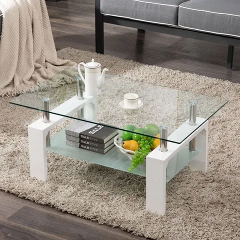 BOXED TEMPERED GLASS COFFEE TABLE WITH SHELF RECTANGLE WHITE WOOD LEGS