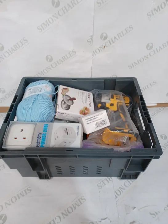 BOX TO CONTAIN APPROXIMATELY 20 HOUSEHOLD PRODUCTS, INCLUDES WEIGHTS, POWER CUBE, DRILL, BURGER PRESS ETC 