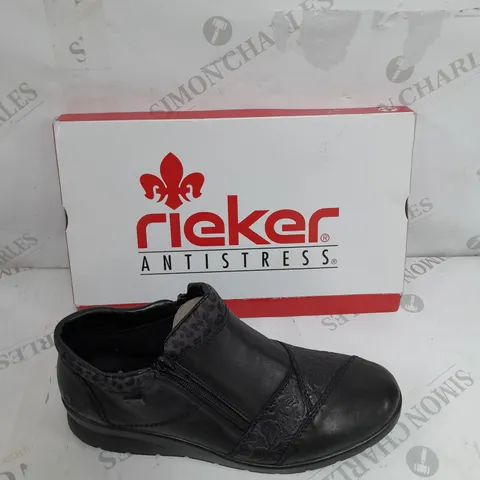 BOXED RIEKER LEATHER DOUBLE ZIP WATER RESISTANT BOOT IN BLACK - SIZE 39