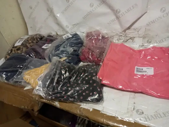 LARGE BOX OF ASSORTED PIECES OF CLOTHING IN A VARIETY OF STYLES AND COLOURS  